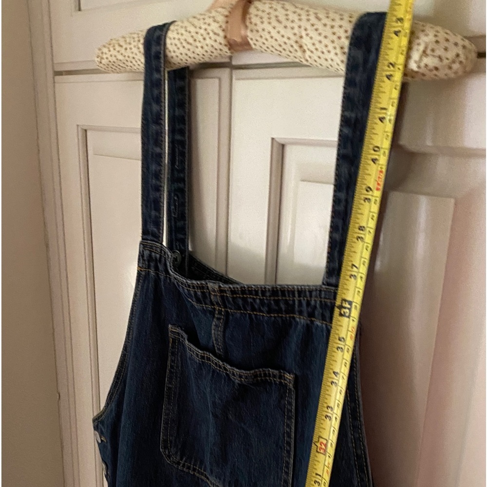overall denim dress contrast stitching front patch pocket adjustable Straps S - Picture 5 of 10